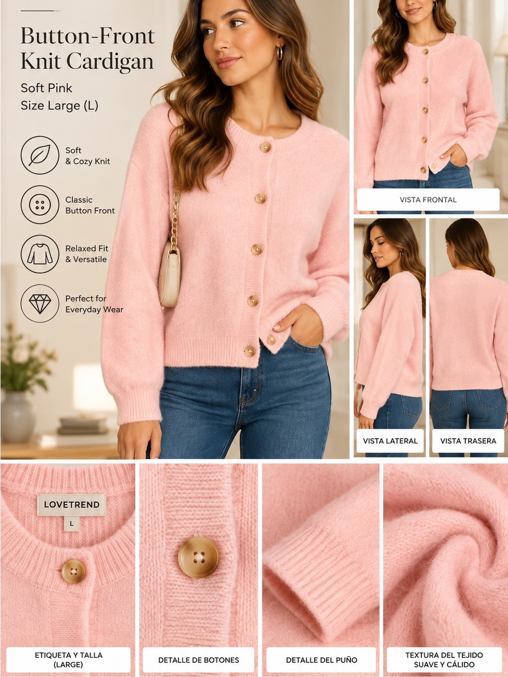Soft Pink Button-Front Knit Cardigan